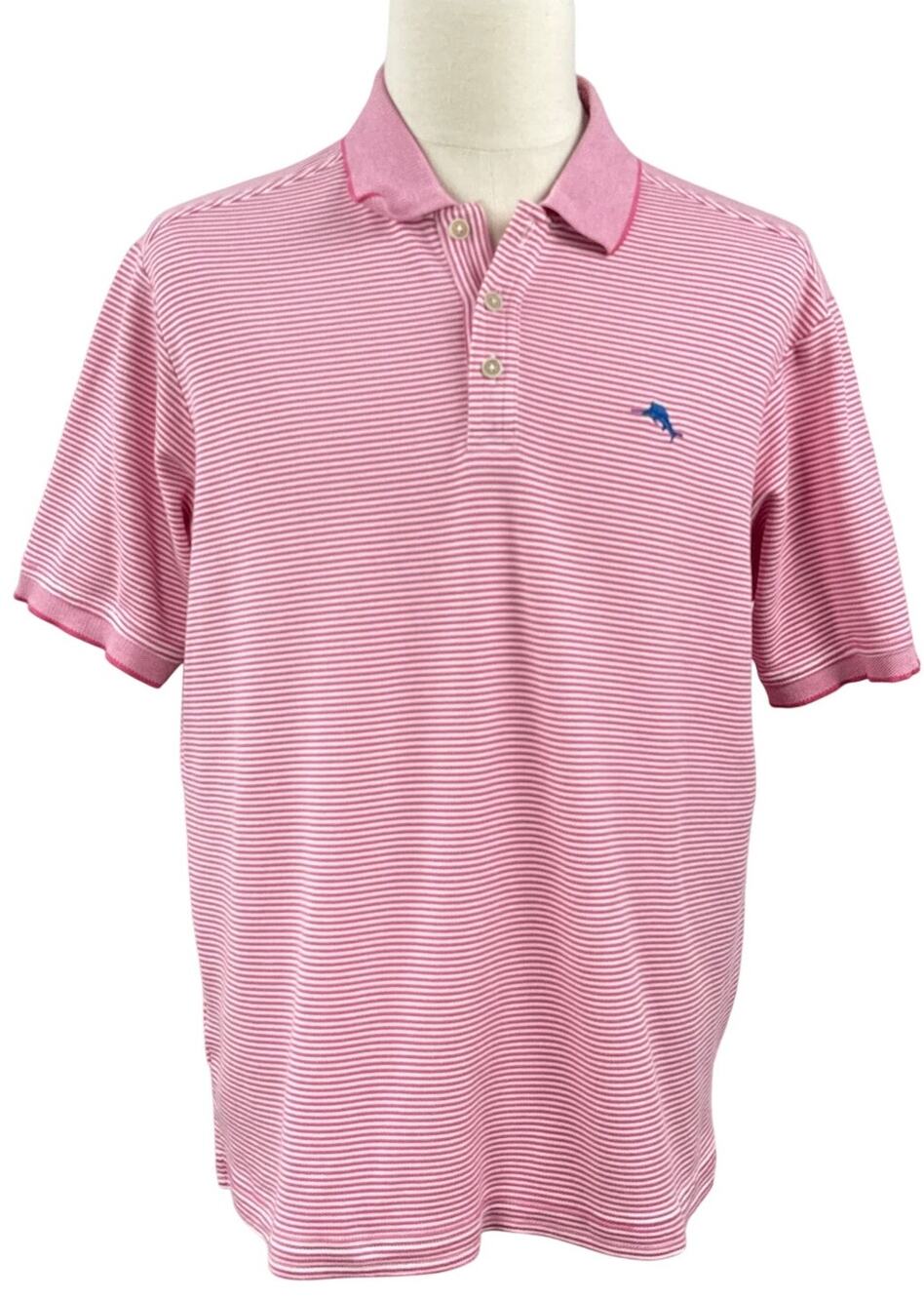 Tommy Bahama Men’s XL Pink White Striped Embroidered Polo Shirt